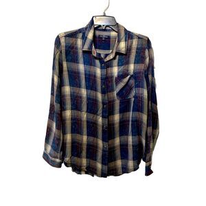 Flag & Anthem denim color white rust plaid covered snaps pockets brand new